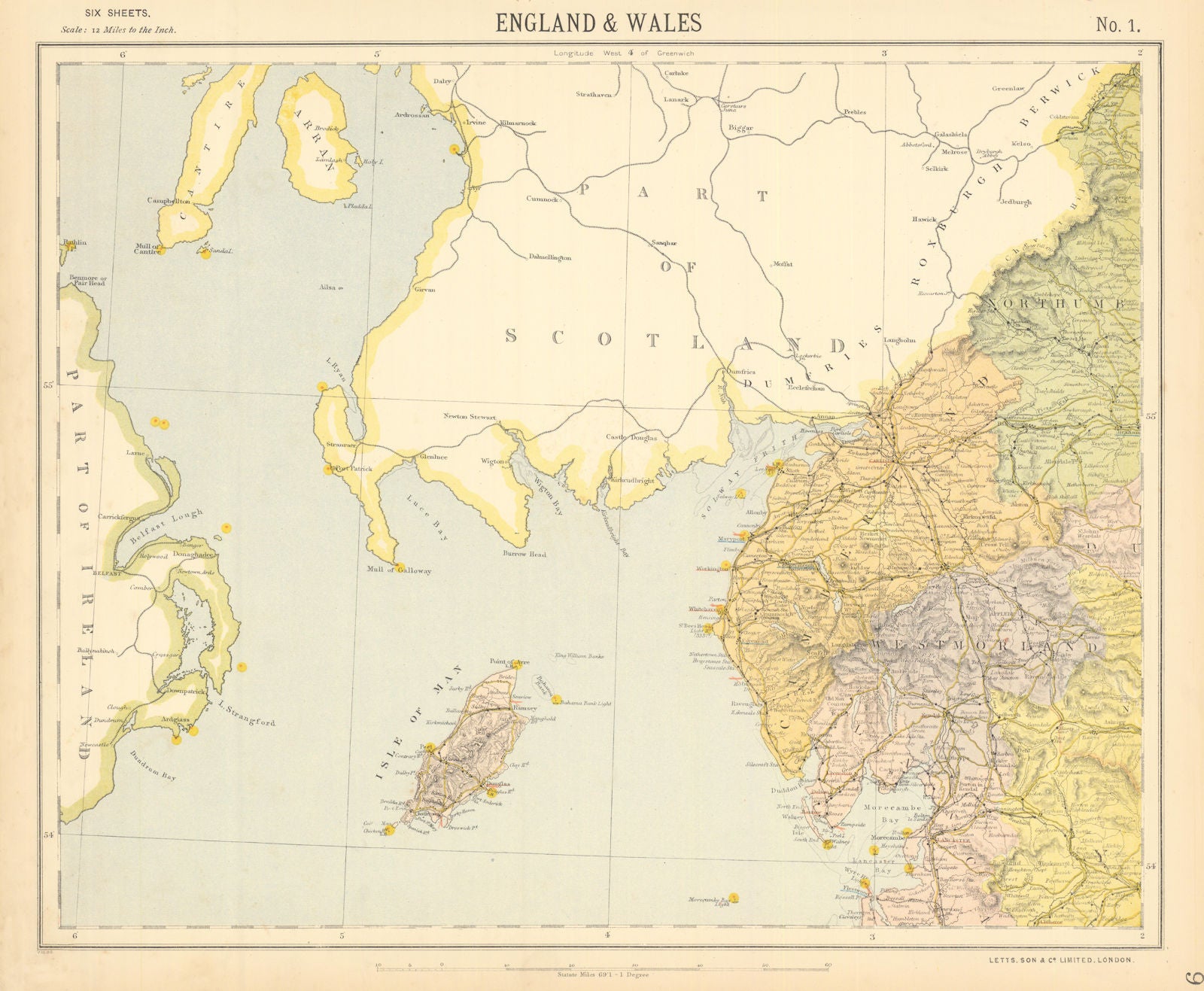 LAKE DISTRICT & ISLE OF MAN. Lighthouses. Cumberland Westmorland. LETTS 1892 map